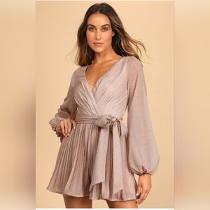Pink Metallic Pleated Long Sleeve Romper
